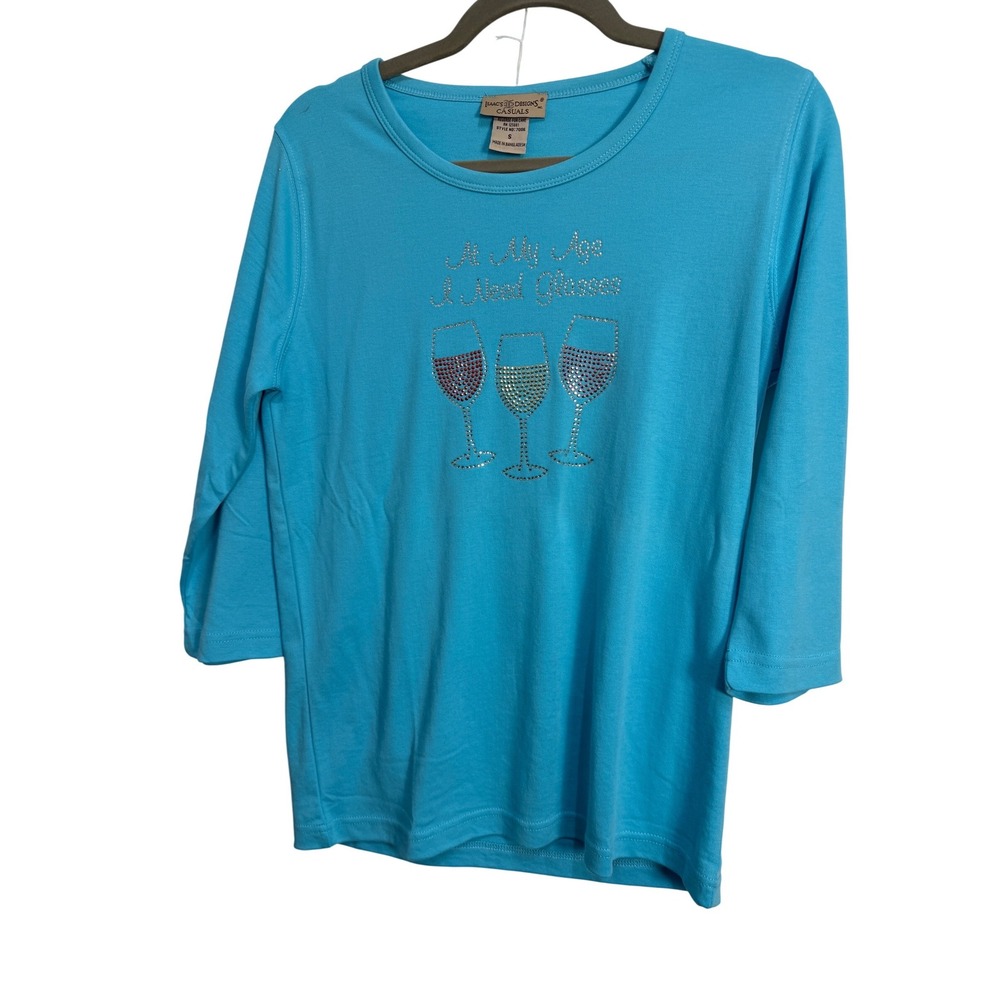 Isaacs Designs Casuals Blue Wine Glasses Rhinestone 3/4 Sleeve Top Small 7006